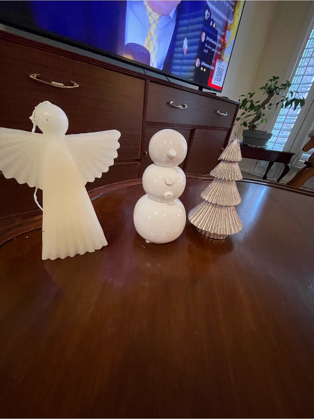 Holiday Ceramic Snowman and White Angel Table Decor Set 2 candel one decor